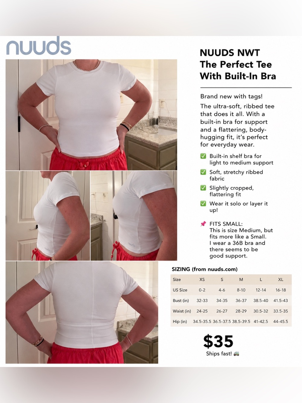 nuuds White Ribbed Short-Sleeve Tee with Built-In Shelf Bra